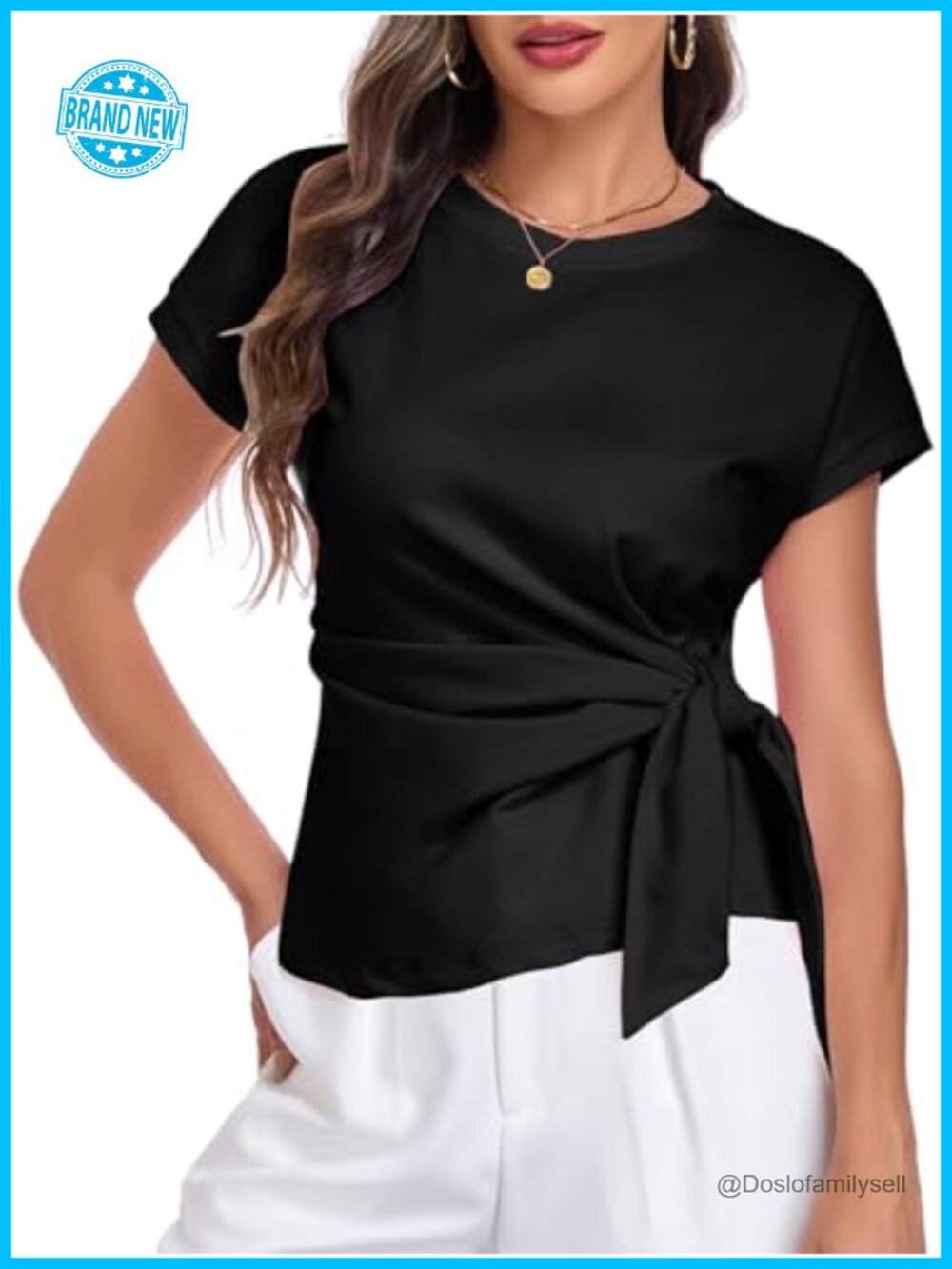 HOTIAN Womens Cap Sleeve Tie Waist Wrap Top Crew Neck Loose Blouse